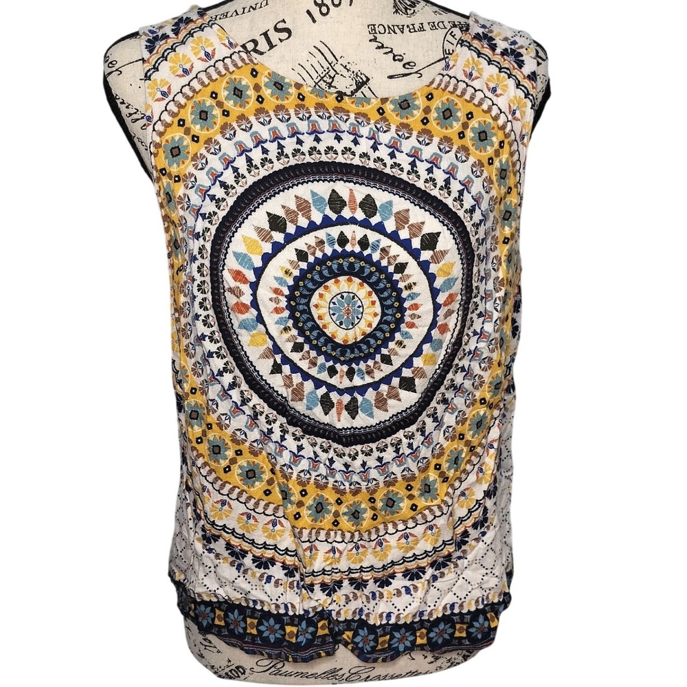 Renee C Womens SM Geometric Mandala Print Sleeveless‎ Split Back Boho Top